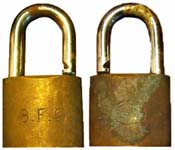 “B.F.G..”. 1 1/2″ wide. Brass body. Steel shackle. Catalog #: 620.