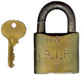 “B. I. R.” – Offset Keyway. 3 1/8″ high x 2″ wide x 63/64″ deep. Brass body. Ste