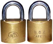 “B.O.C. SAFETY”. 2 1/2″ high x 1 1/2″ wide. Brass body. Steel shackle.