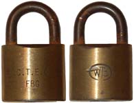 “C. T. E. C. FBG.”. 1 3/4″ wide. Brass body. Brass shackle. “A” keyway. Catalog