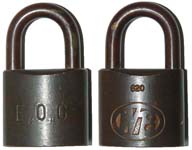 “E.O.G.”. 1 1/2″ wide. Brass body. Bronze shackle. “B” Keyway. Catalog #: 620.