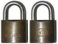 “E.P.W.U.”. 1 1/2″ wide. Brass body. Chrome plated steel shackle. “AR” Keyway. C