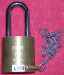 “H. S. P. H.”. 5″ high x 2″ wide. Brass body. Steel shackle. Interchangeable cor