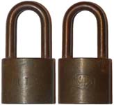 “I. T. S.”. 1 3/4″ wide x 1 5/8″ shackle clearance. Brass body. Brass shackle. “