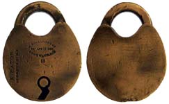 “R. PATON 26 GROVE ST N.Y.”. 1 3/4″ wide. Brass body. Brass shackle. Patent spri