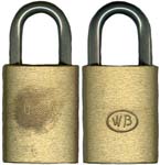 “U.S.A.”. 3.615″ high x 1.729″ wide. Brass body. Steel shackle. 6 Pin tumbler. I