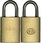 “U.S.N.”. 3.597″ high x 1.729″ wide. Brass body. Steel shackle. 6 Pin tumbler. I