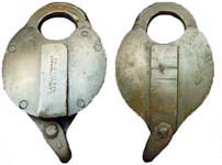 “L. G. TILLOTSON & CO No 8 DEY. ST N.Y.”. 2 1/2″ wide. Brass body. Brass shackle